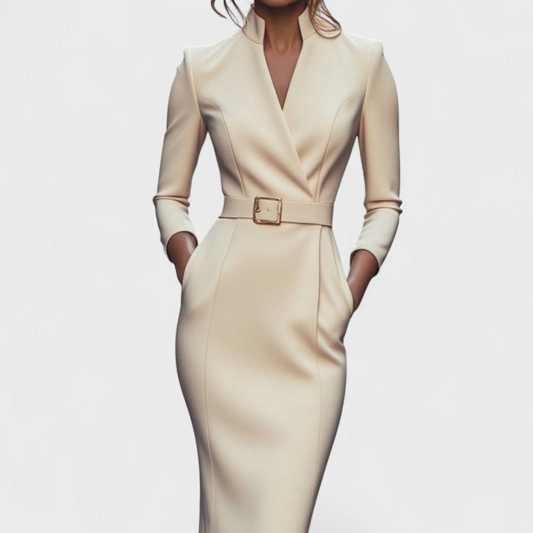 Mandarin | Elegant Belted Dress with Mandarin Collar