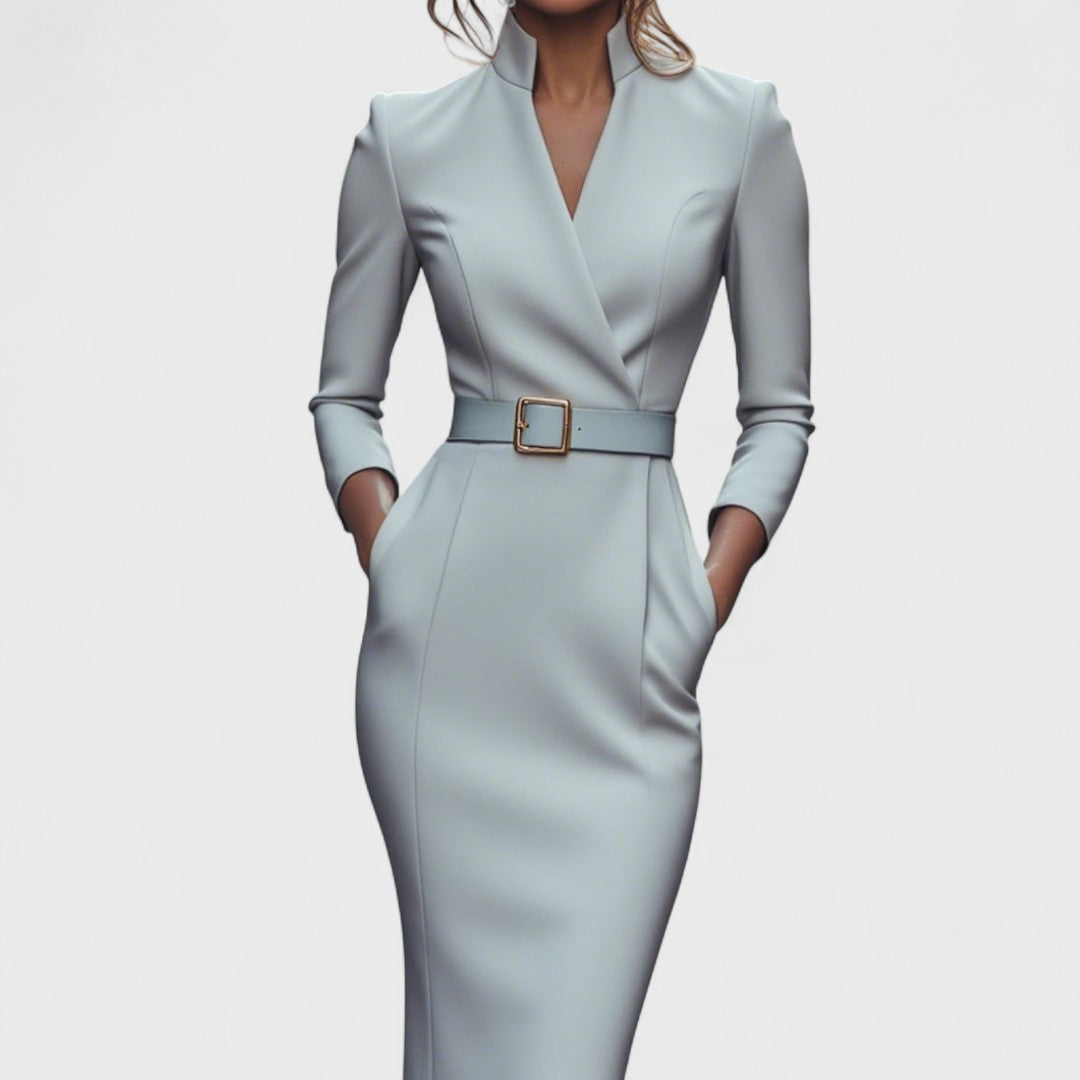 Mandarin | Elegant Belted Dress with Mandarin Collar