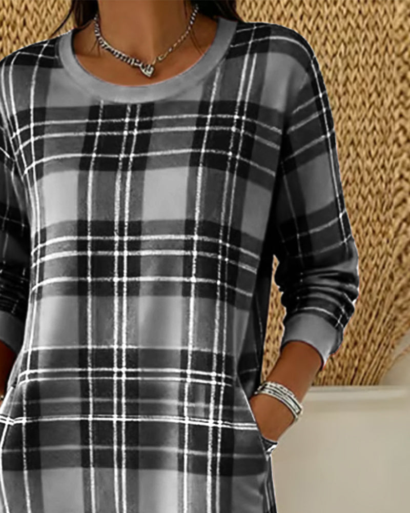 Harper™ | Long Sleeve Checkered Sweatshirt Dress