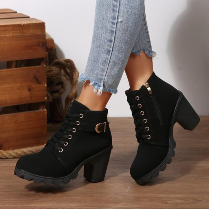 Karin™- Chic Lace-Up Metal Buckle Chunky Ankle Boots