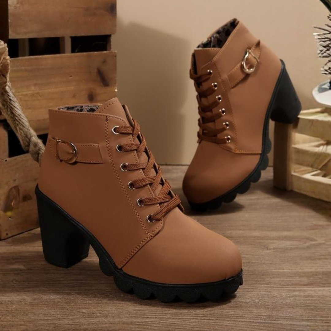 Karin™- Chic Lace-Up Metal Buckle Chunky Ankle Boots