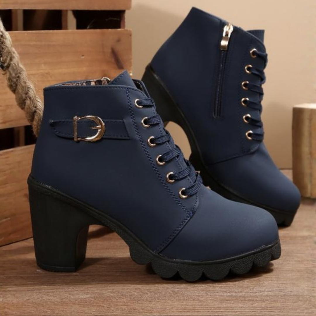 Karin™- Chic Lace-Up Metal Buckle Chunky Ankle Boots