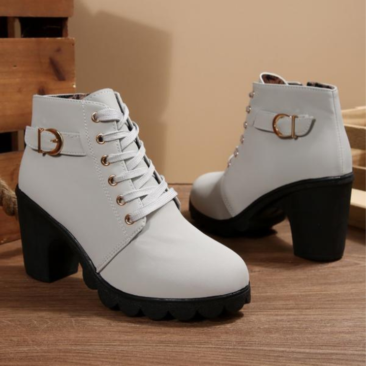 Karin™- Chic Lace-Up Metal Buckle Chunky Ankle Boots