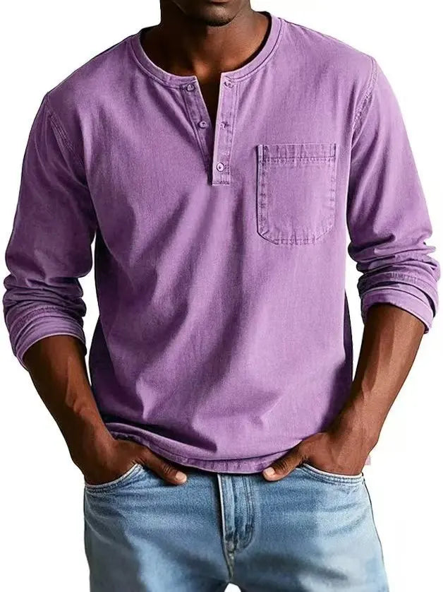 Chemise en denim Henley vintage pour homme avec poche poitrine