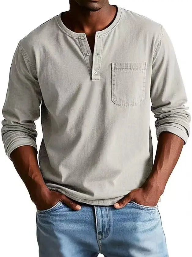Chemise en denim Henley vintage pour homme avec poche poitrine