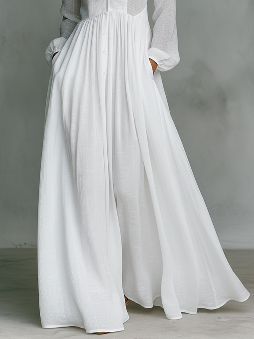 Veronica | Maxi Minimalist in Cotton and Linen with Patchwork, High Collar and Long Sleeves
