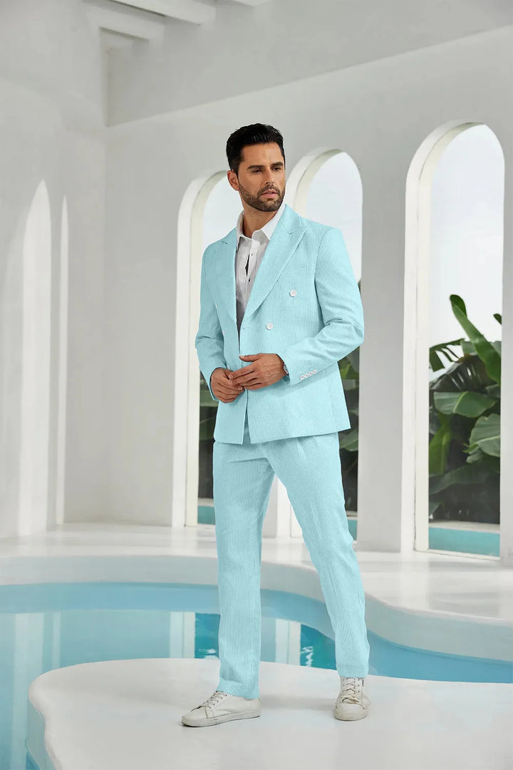 Men's Double Breasted Seersucker 2 Piece Suits - Upgraded Version