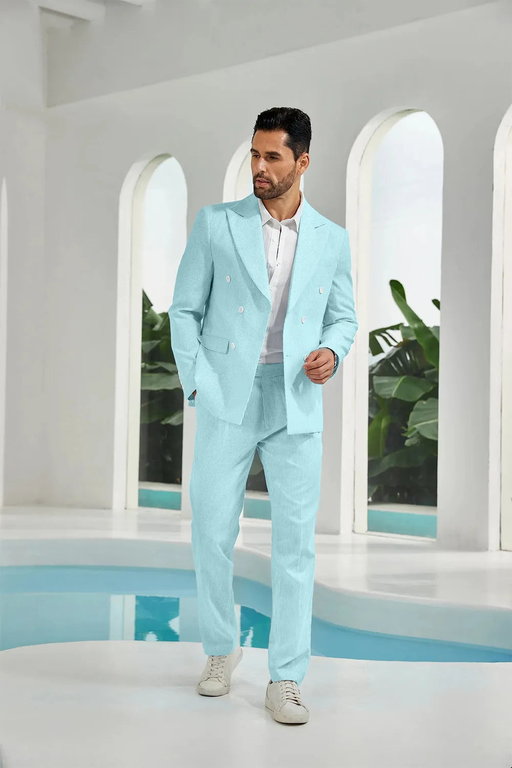 Men's Double Breasted Seersucker 2 Piece Suits - Upgraded Version