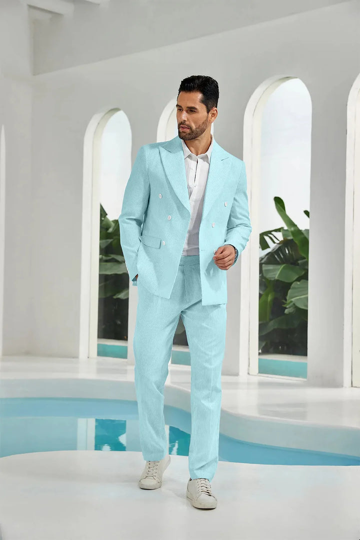 Men's Double Breasted Seersucker 2 Piece Suits - Upgraded Version