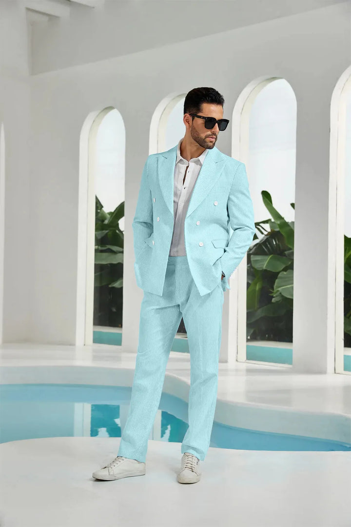 Men's Double Breasted Seersucker 2 Piece Suits - Upgraded Version