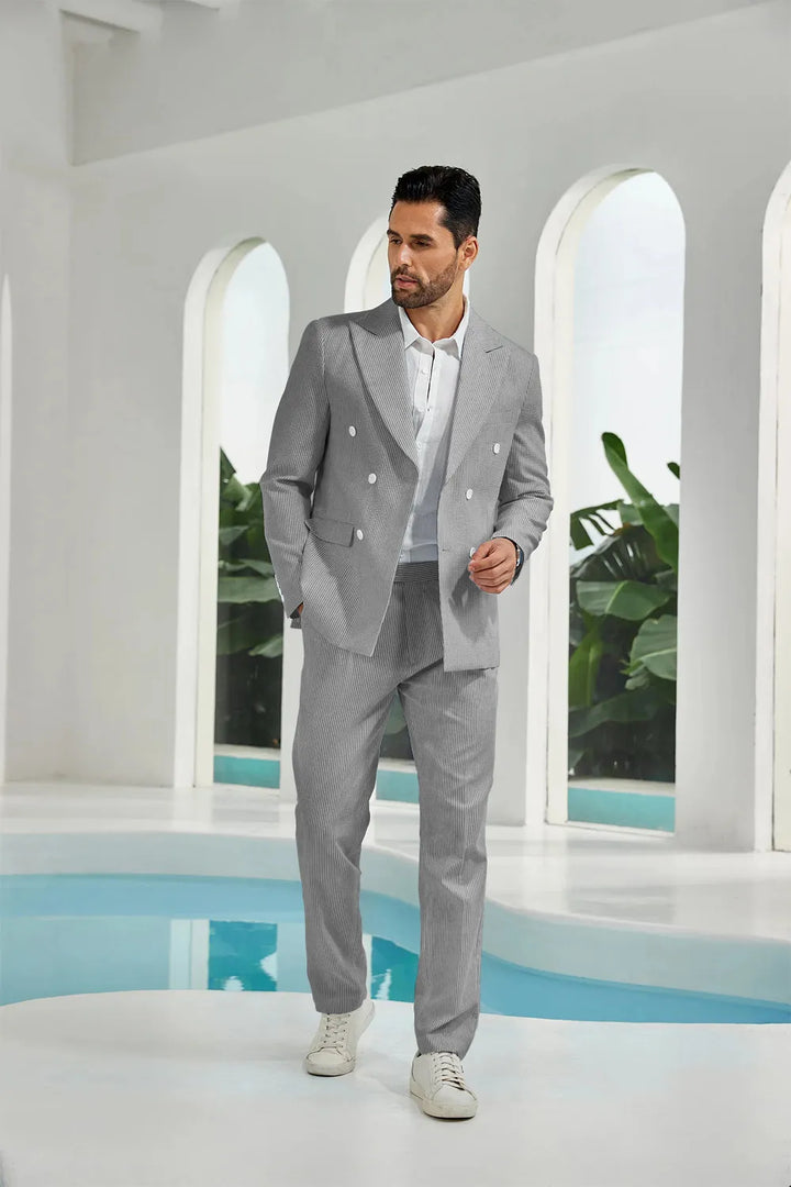 Men's Double Breasted Seersucker 2 Piece Suits - Upgraded Version