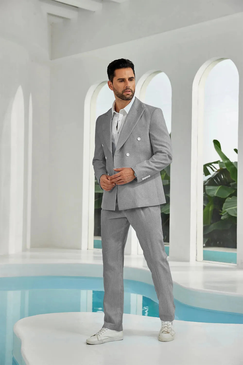 Men's Double Breasted Seersucker 2 Piece Suits - Upgraded Version