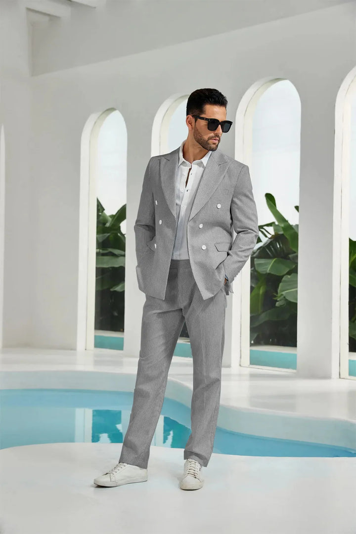 Men's Double Breasted Seersucker 2 Piece Suits - Upgraded Version