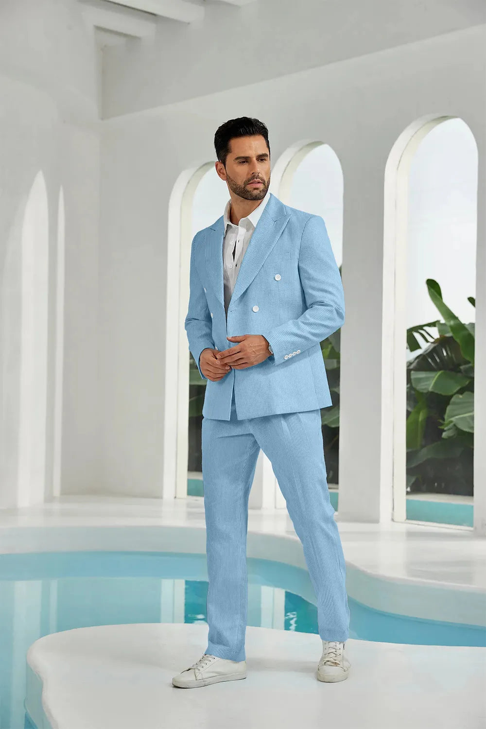 Men's Double Breasted Seersucker 2 Piece Suits - Upgraded Version