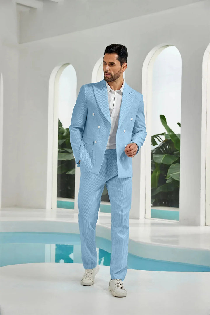 Men's Double Breasted Seersucker 2 Piece Suits - Upgraded Version