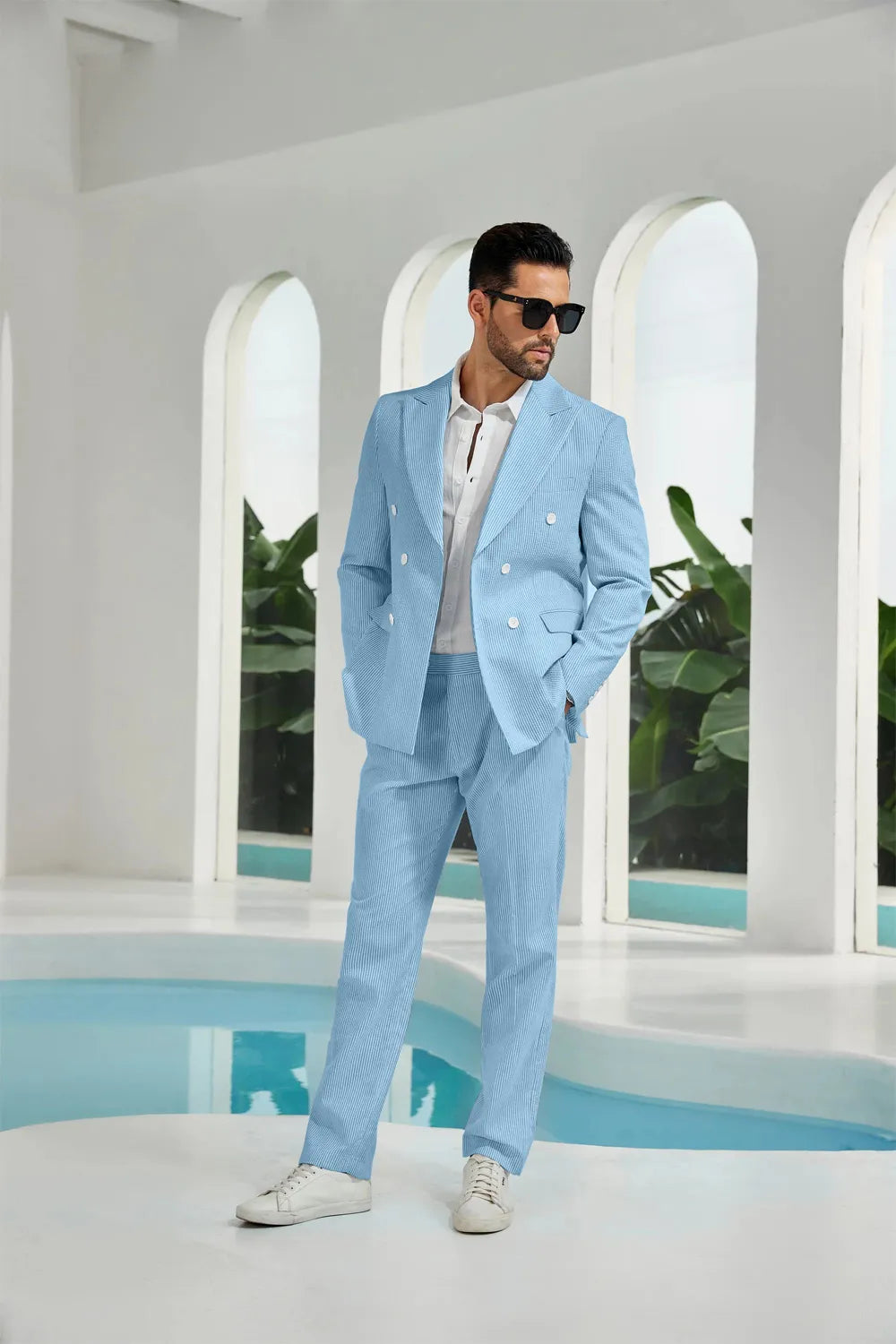 Men's Double Breasted Seersucker 2 Piece Suits - Upgraded Version