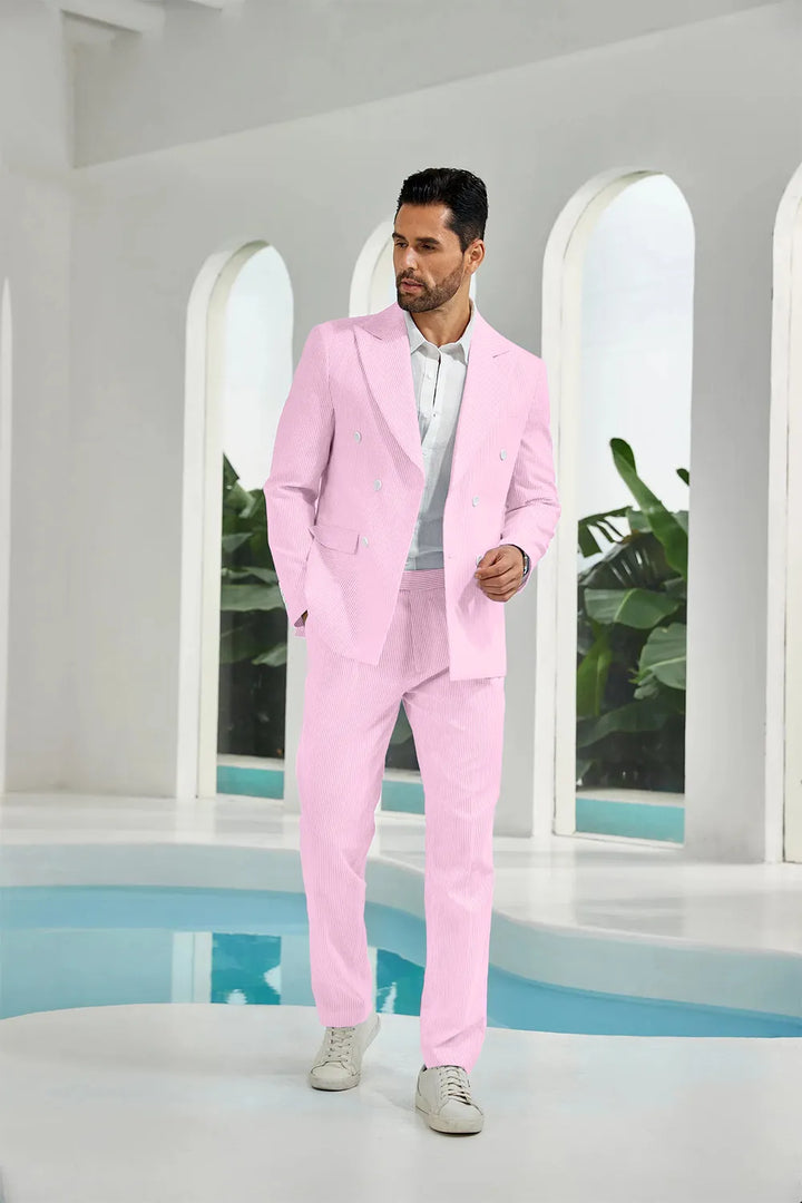 Men's Double Breasted Seersucker 2 Piece Suits - Upgraded Version
