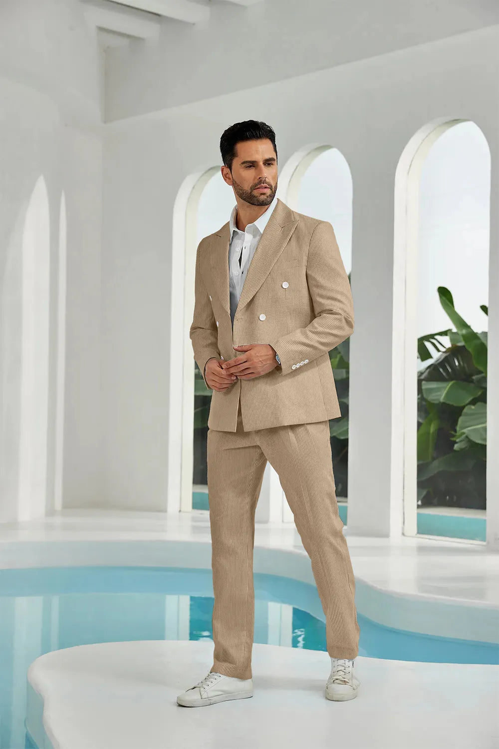 Men's Double Breasted Seersucker 2 Piece Suits - Upgraded Version