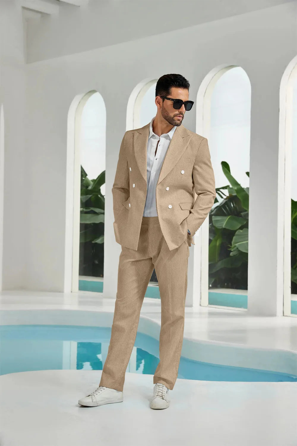 Men's Double Breasted Seersucker 2 Piece Suits - Upgraded Version