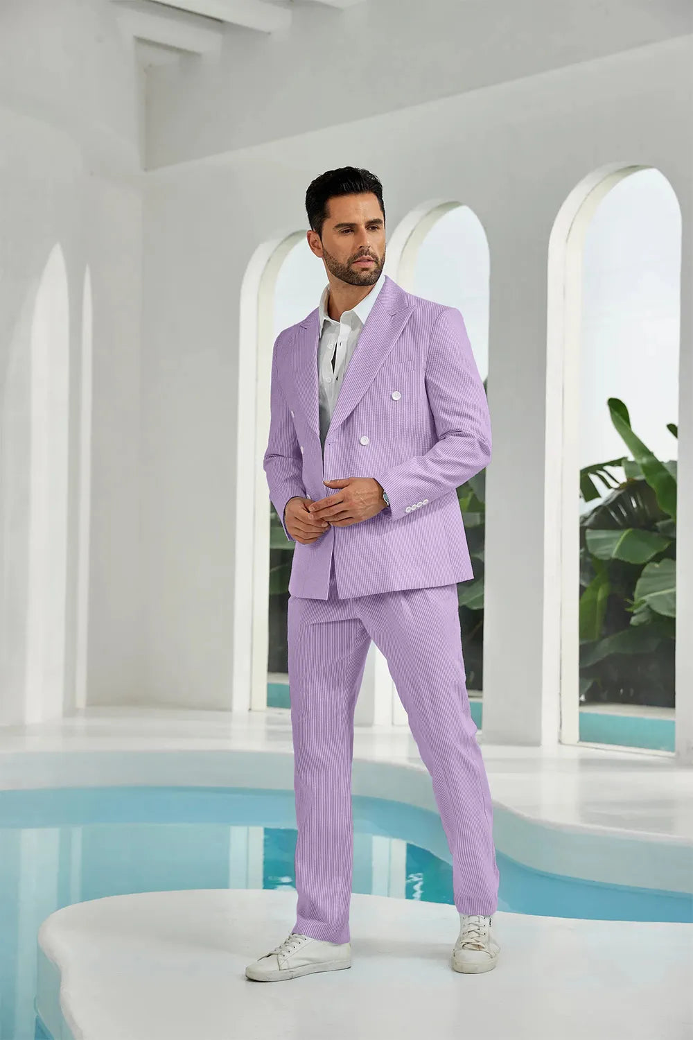 Men's Double Breasted Seersucker 2 Piece Suits - Upgraded Version