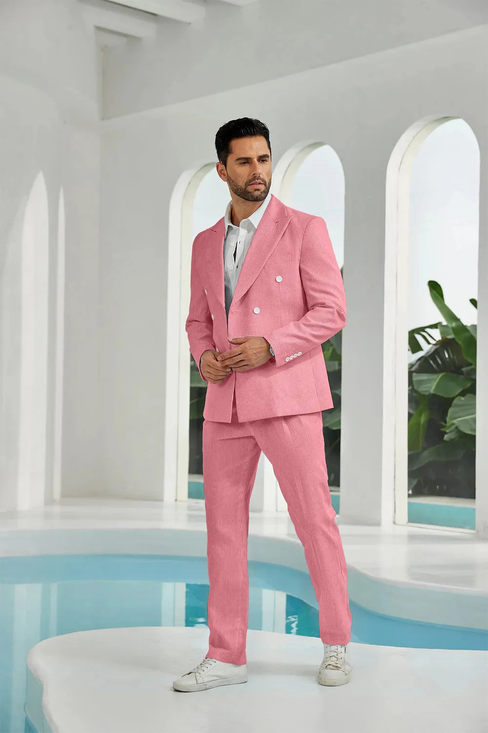 Men's Double Breasted Seersucker 2 Piece Suits - Upgraded Version