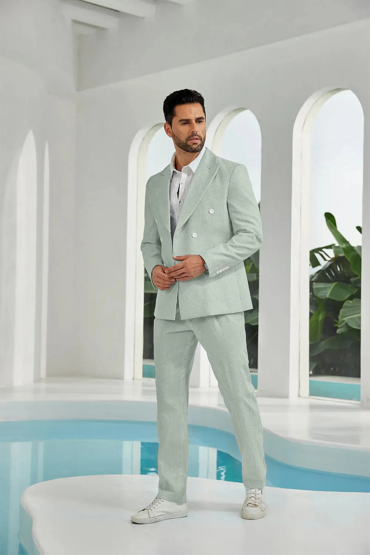 Men's Double Breasted Seersucker 2 Piece Suits - Upgraded Version