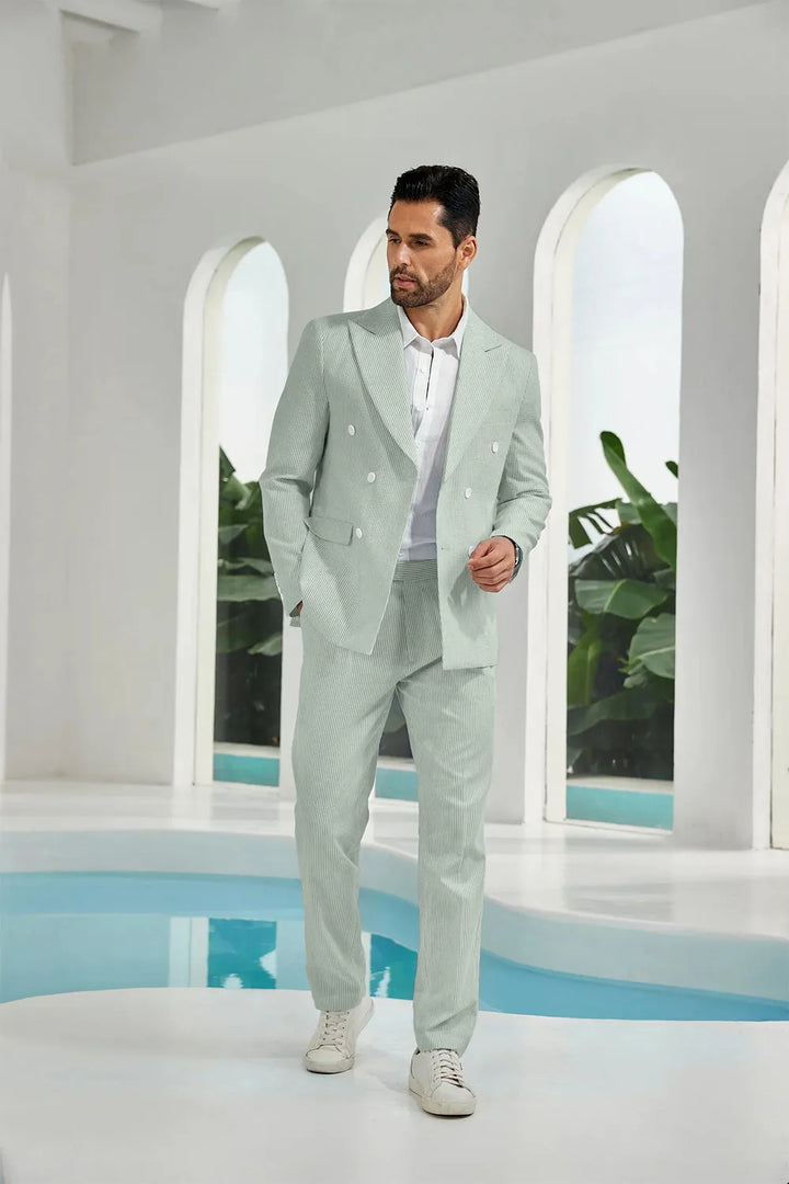 Men's Double Breasted Seersucker 2 Piece Suits - Upgraded Version