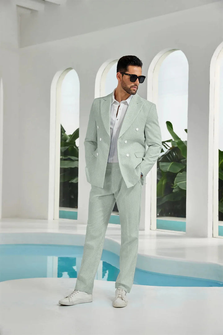 Men's Double Breasted Seersucker 2 Piece Suits - Upgraded Version