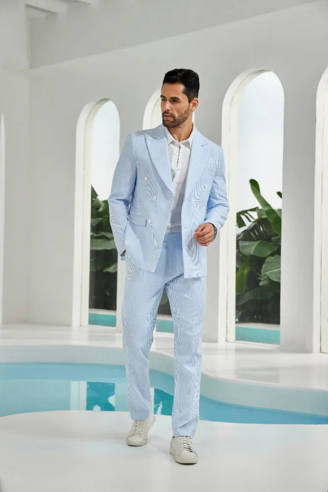 Men's Double Breasted Seersucker 2 Piece Suits - Upgraded Version