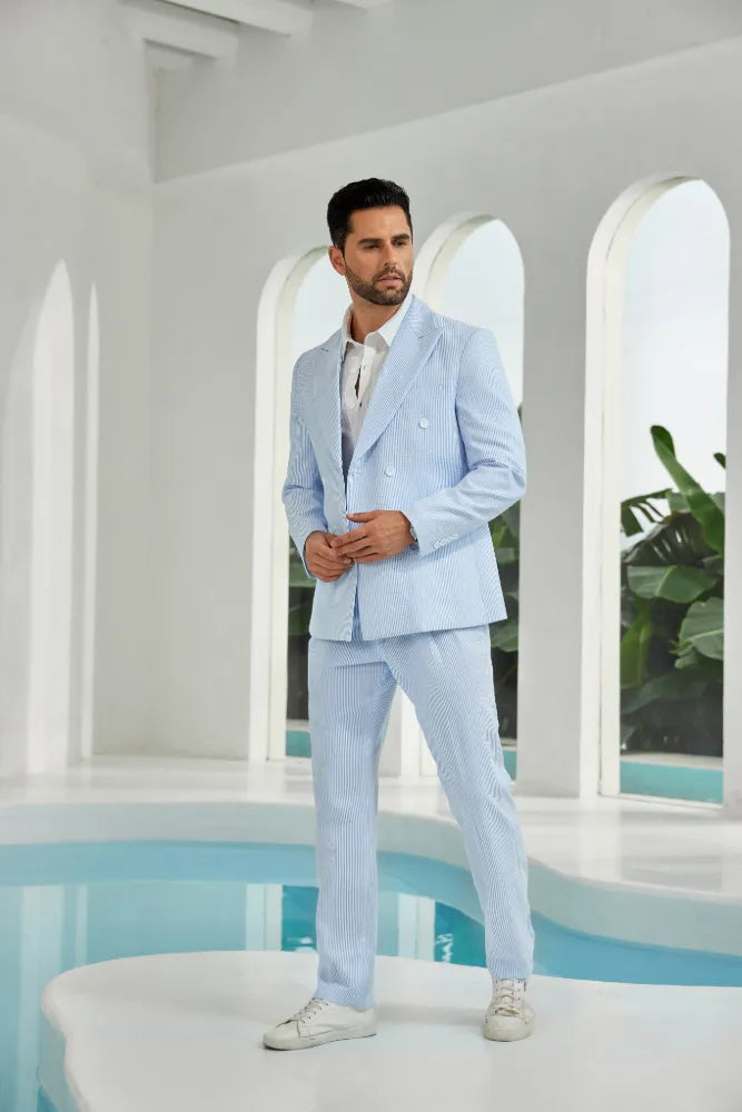 Men's Double Breasted Seersucker 2 Piece Suits - Upgraded Version