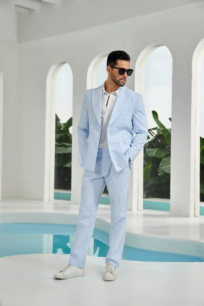Men's Double Breasted Seersucker 2 Piece Suits - Upgraded Version