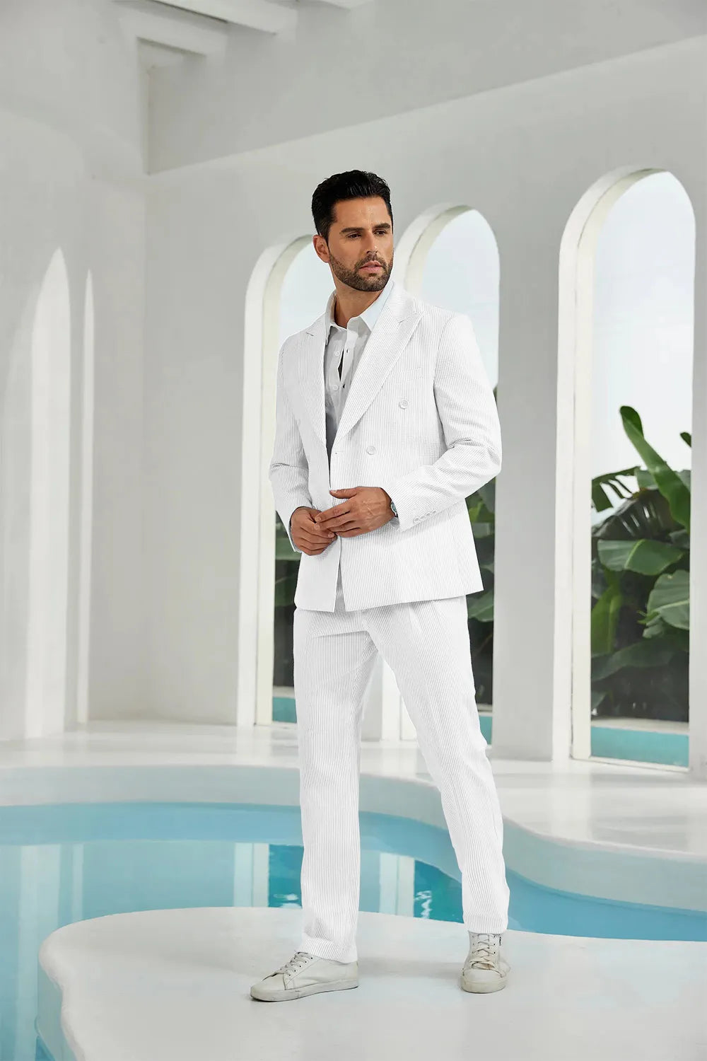Men's Double Breasted Seersucker 2 Piece Suits - Upgraded Version